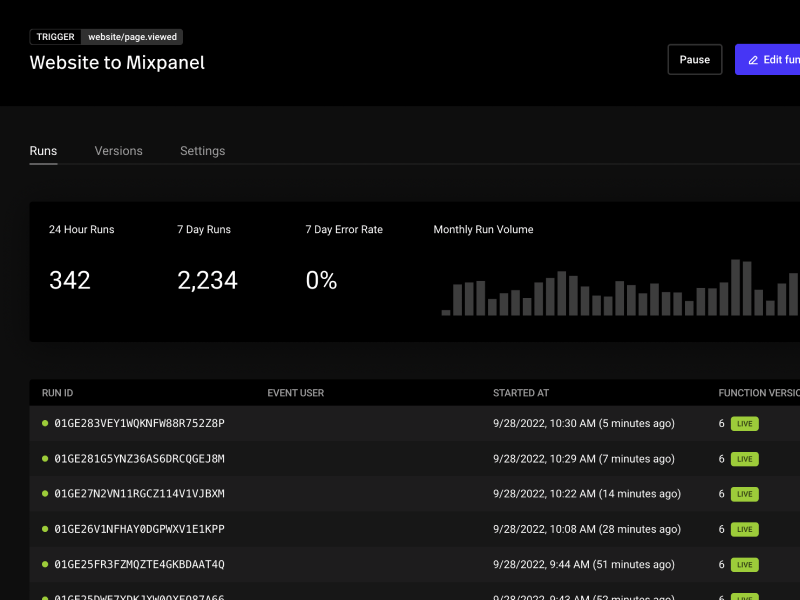 Screenshot showing Inngest Cloud's function logs